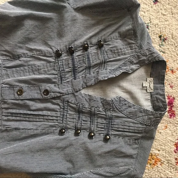 🥳 2 for $6 🥳 Kismet shirt XS (S) cotton blue stripes 3/4 sleeves w roll tab - Picture 12 of 12